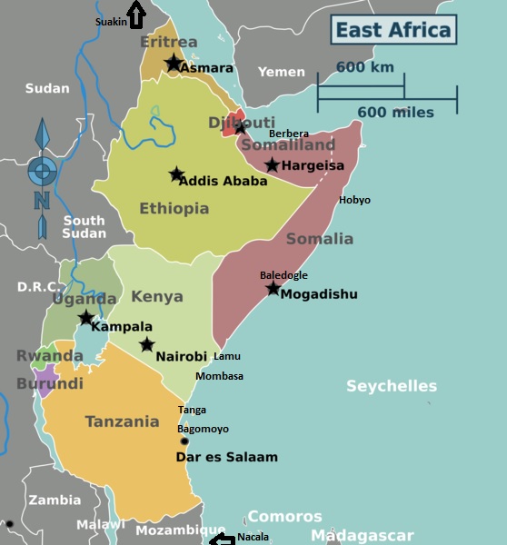 Map 1: Eastern Africa with capital cities and important ports.